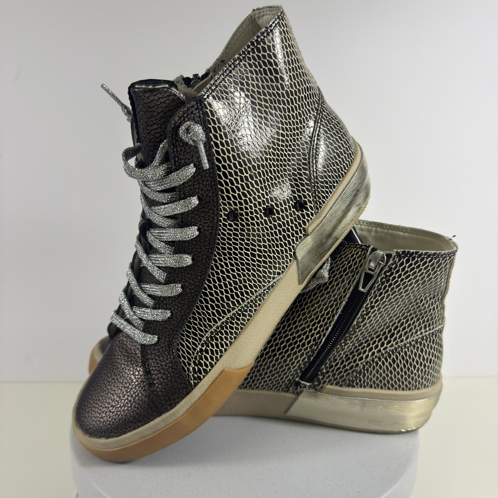 Dolce Vita Zina High Top Sneakers Metallic Snake Print Pewter Silver Glitter 7.5